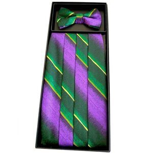Mens Wearhouse  cummerbund and bow tie set purple black gold green print box set